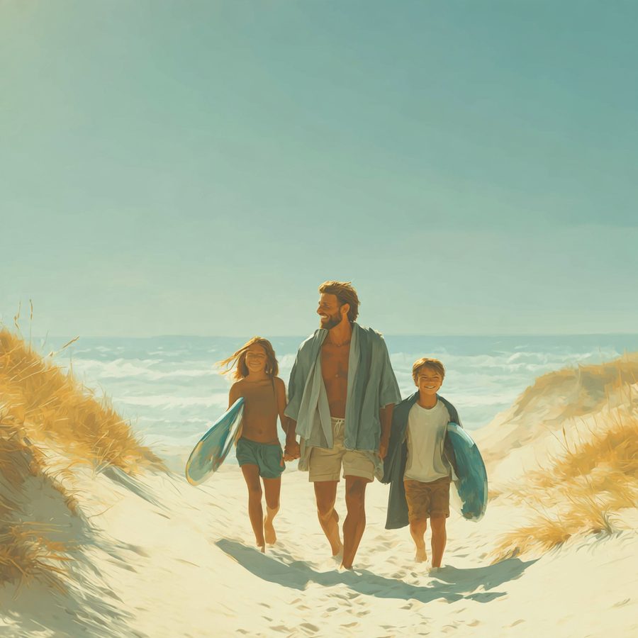 At Sam's: walking up from the beach with boogie boards